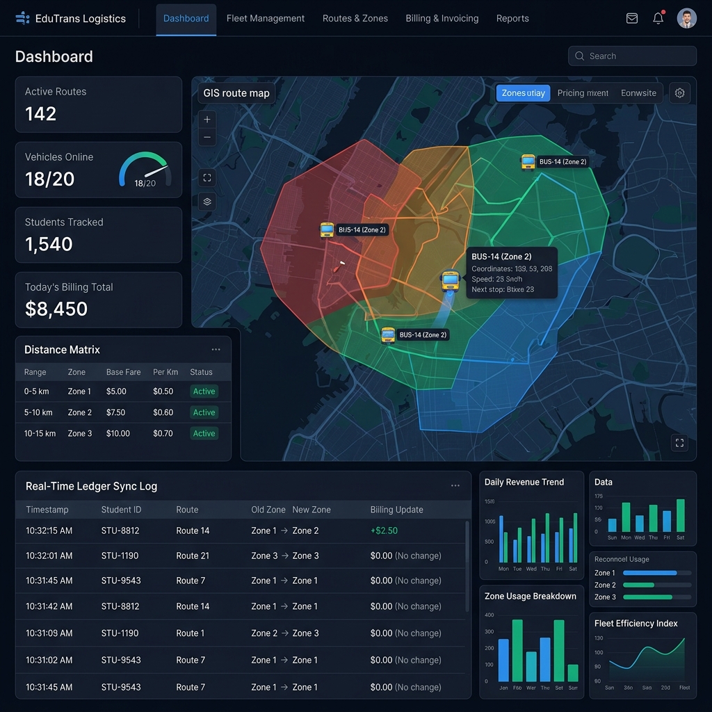 Classegy School Transport and Route Billing Dashboard Mockup